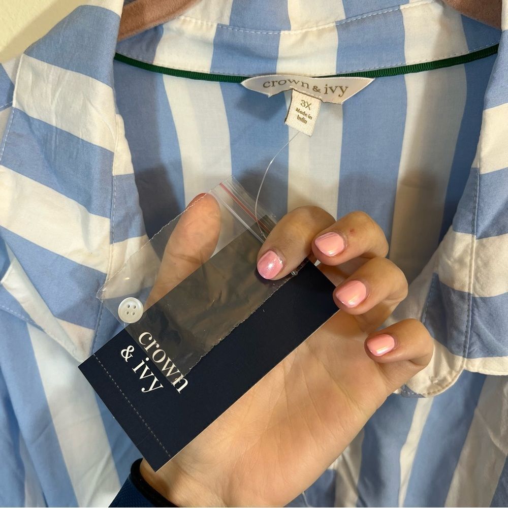 Crown & Ivy Women’s Blue White Striped Belted Shirt Dress 3X NWT - Picture 6 of 15